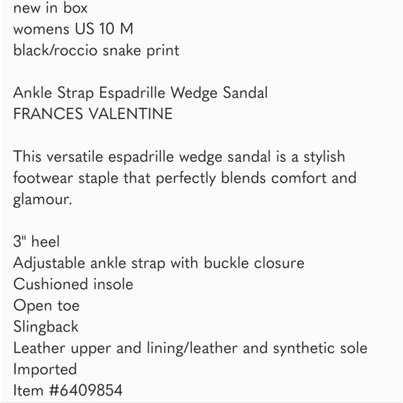 Frances Valentine NIB Size 10 Black Snake Print Leather Espadrille Sandals - Picture 12 of 12